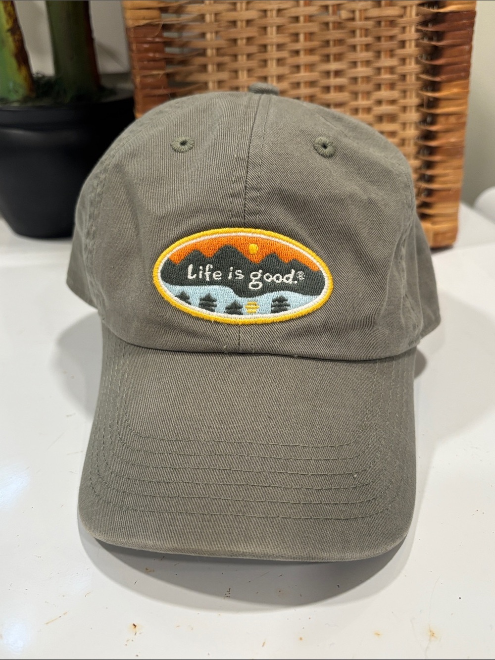 Life Is Good Olive Green Slide Back Cap with Sunset Patch